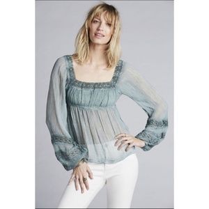 Free People Moonchaser Sheer Lace Trim blouse XS Fairy Core Whimsical